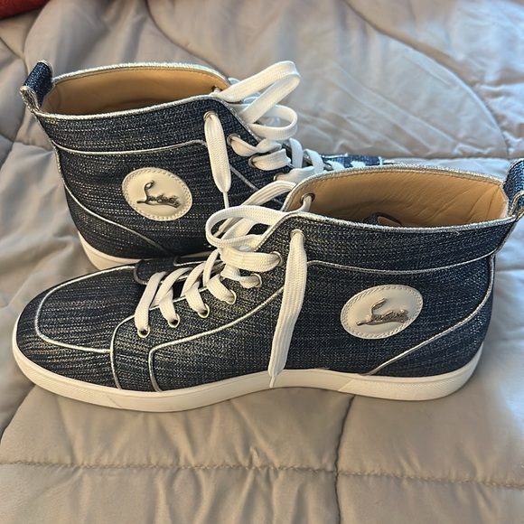 Lightly used men’s Christian Louboutins high tops size 46 navy & silver. - Picture 7 of 10